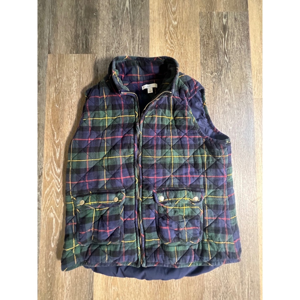 Est. 1946 Quilted Vest Women XL Blue Green Plaid Excellent Zip Up Utility Pocket